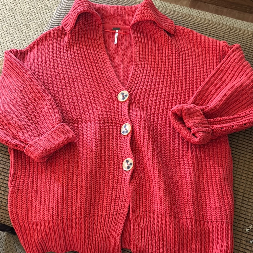 Free People Vibrant Coral Button-Up Cardigan